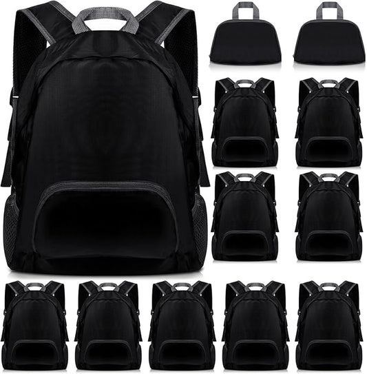 Dunzy 12 Pcs 20l Foldable Backpacks Bulk Lightweight Basic Back Pack Wholesale for Homeless Donation Corporate Events Travel Camping (Black)