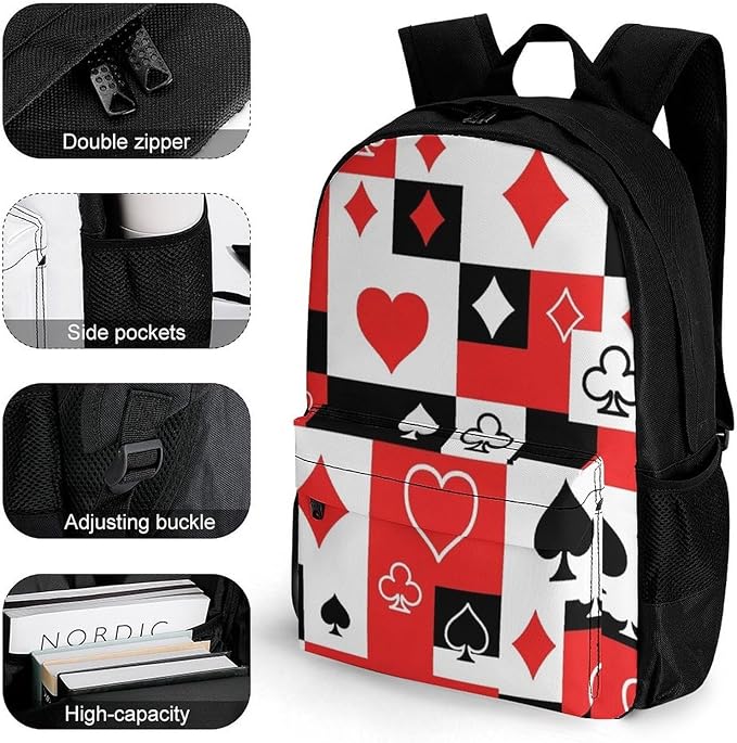 Adults Lightweight Red Black Suits Hearts Diamonds Clubs Spades Poker Playing Cards Shoulder Book Bags Big Capacity Shoulder Bag With Adjustable Shoulder Straps for Trekking Work Walking Cycling