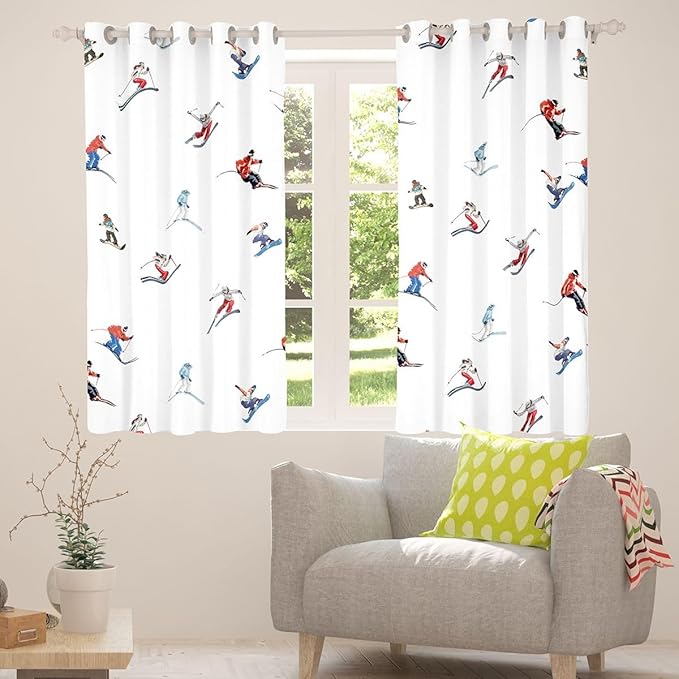 Manfei Skiing Blackout Curtains,Ski Winter Extreme Sport Competition Boys Girls Room Decor,Snowboarding Modern Fashion Window Curtains,White 2 Panels,38Wx45L inch