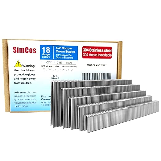 18 Gauge 304 Stainless Steel 1/4" Narrow Crown Staples (1-1/2",1-1/4" 1", 3/4", 1/2"), Assorted 1600 Counts for 18 GA Pneumatic or Electric Stapler or Staple Gun,Project Pack