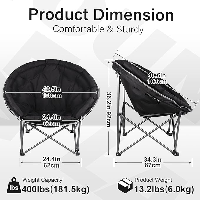 Oversized XXL Folding Round Camping Chair,Super Comfy Padded Moon Camp Chairs,Heavy Duty Supports 440 Lbs Outdoor Lawn Chairs for Adults,Perfect for Indoor,Family Camping,Picnics and Garden,Black