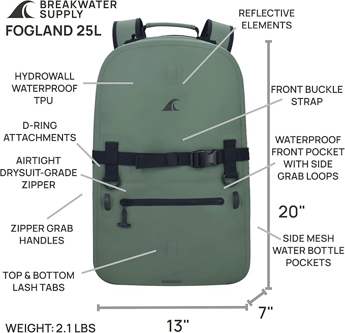 Breakwater Supply™ Fogland Waterproof IP68 Submersible Backpack with Airtight Zippers | Laptop Travel Outdoors | 25L 20L 15L | 100% Waterproof, Submersible, Airtight Zippers, Travel Outdoors