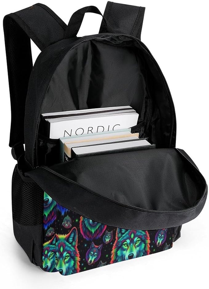 Polyester Daypack Bookbag for Gym Business Bicycle, Large Capacity Multipurpose Anti-Theft Carry On Bag, Colorful Fire Flame Wolf Travel Hiking Daypack