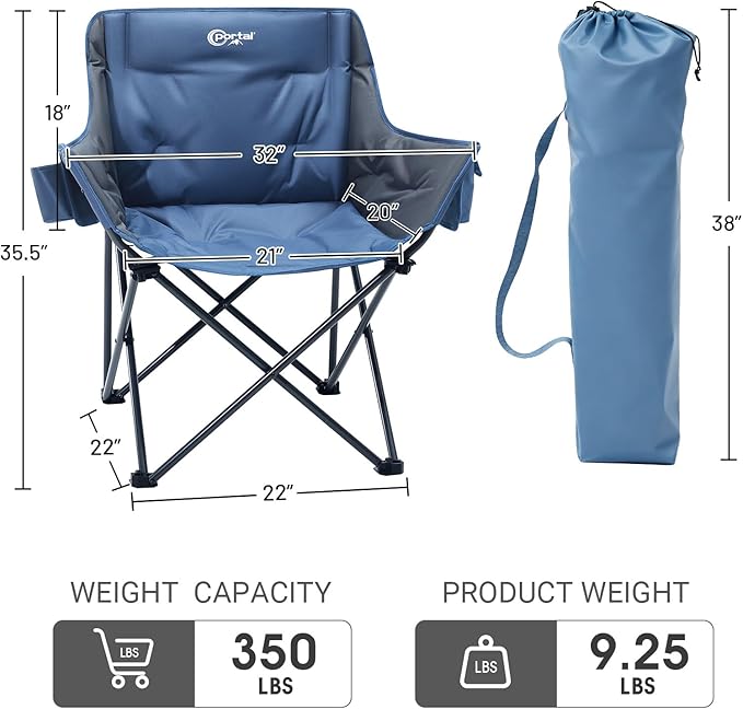 PORTAL 32In Extra Wide Camping Chair for Adults, Oversized Folding Chair with Cup Holder & Carry Bag, Heavy-Duty Outdoor Chair Supports 350 lbs, Portable for Camping, Lawn, Patio