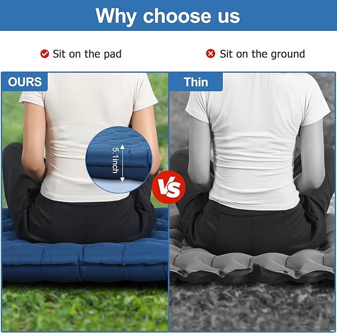 5.1" Thick Double Sleeping Pad with Foot Pump & Pillow, 77.5x53.9 2-Person Air Mattress for Camping, Ultralight & Compact for Backpacking, Hiking, Car Travel Navy Blue
