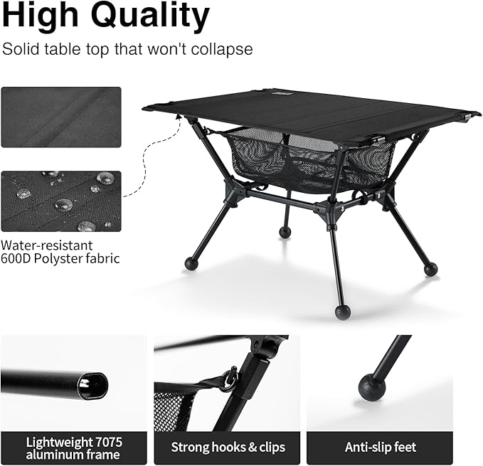ONETIGRIS Dipper Camping Table, Lightweight Portable Folding Table with Mesh Storage Net, High/Low Options, Ideal for Camping, Hiking, Tailgating, Beach, Picnic, Travel, Backyard