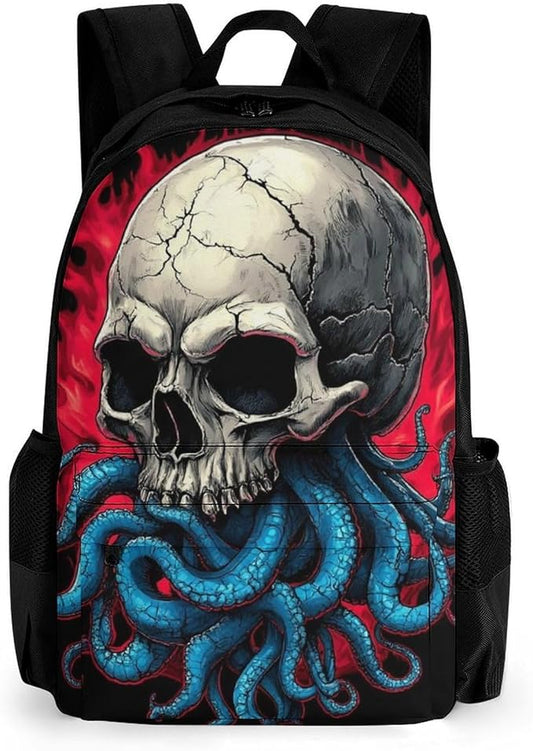 Polyester Daypack Backpack for Climbing Outdoors Running, Big Capacity Multipurpose Anti-Theft Bookbag, Abstract Skull Octopus Tentacles Travel Hiking Camping Rucksack