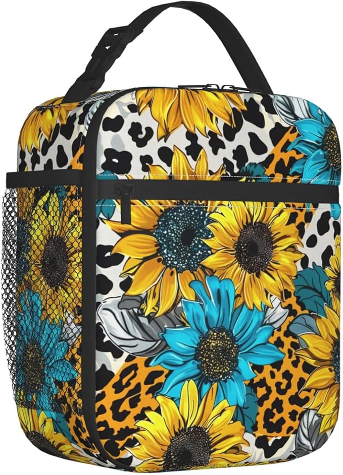 Reusable Sunflower Lunch Box for Kids Girls Boys Women Adult, Insulated Floral Leopard Print Lunch Bag,Polyester Cooler Flower Handbags Case for School Picnic Work Travel Beach or Hiking