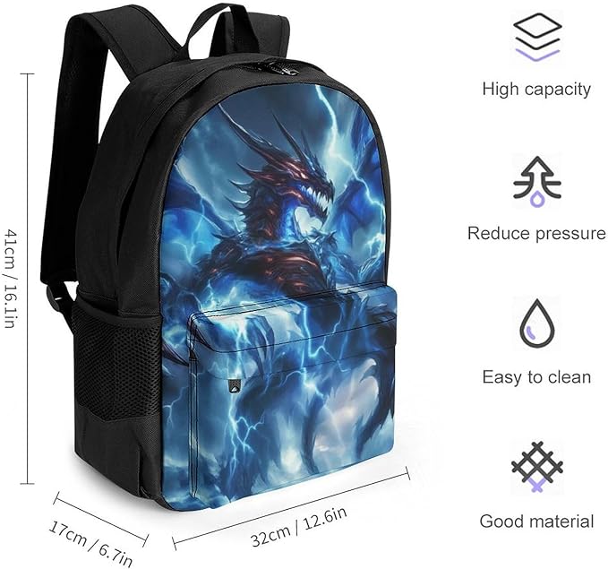 Men Women Lightweight Cool Blue Lightnings Dragon Art Backpack Large Capacity Bookbag With Smooth Zippers for Gym Business Running