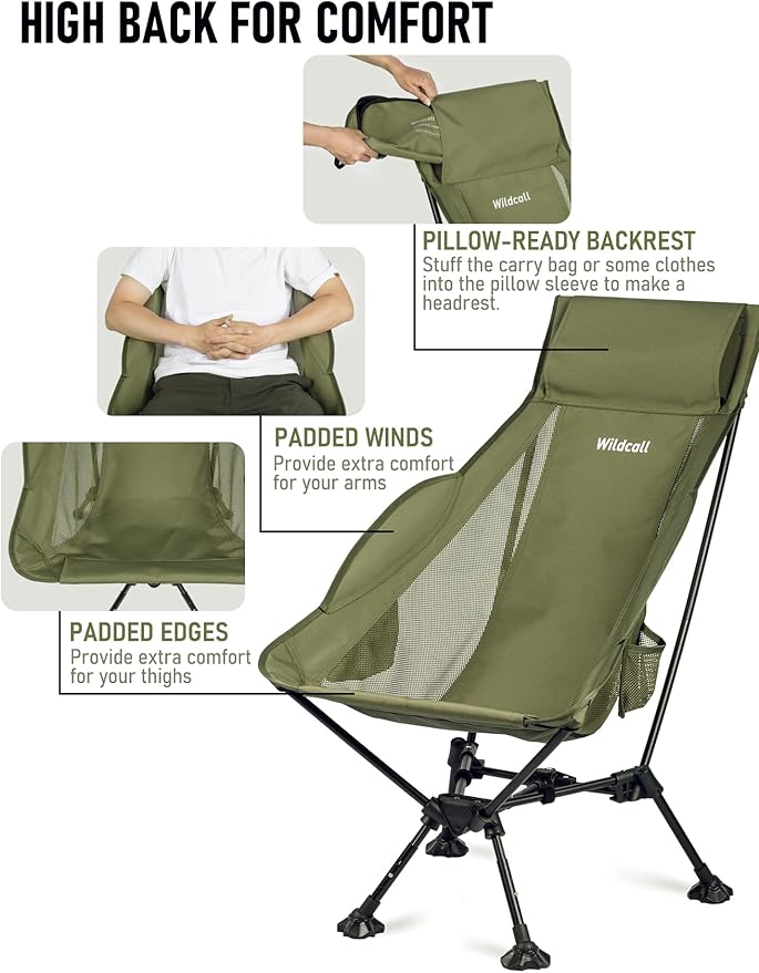 WildCall Lightweight Folding High Back Camping Chair with Head Support, Compact Beach Chair with Anti-Sinking Large Feet and Three Tilt Angles Adjustment