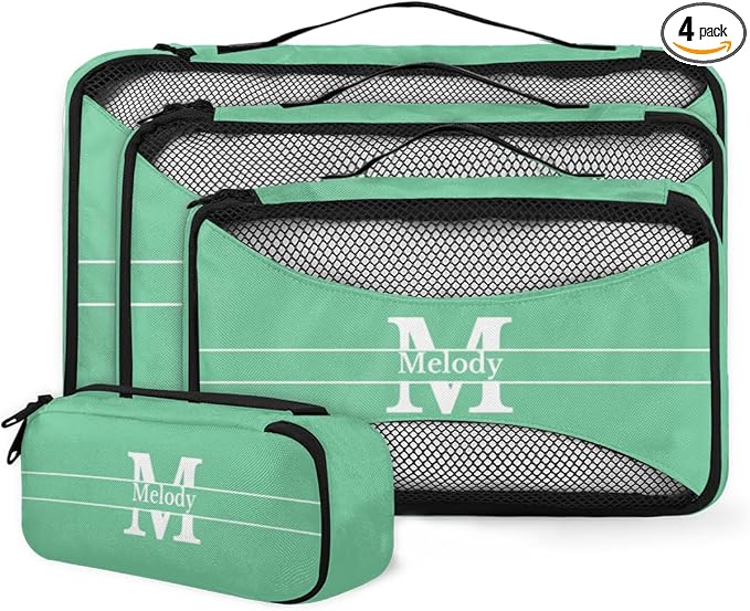 Personalized 4 Set Packing Cubes Luggage Packing Organizers Travel Accessories for Women Girls Men, Mint Green with Initial Letter