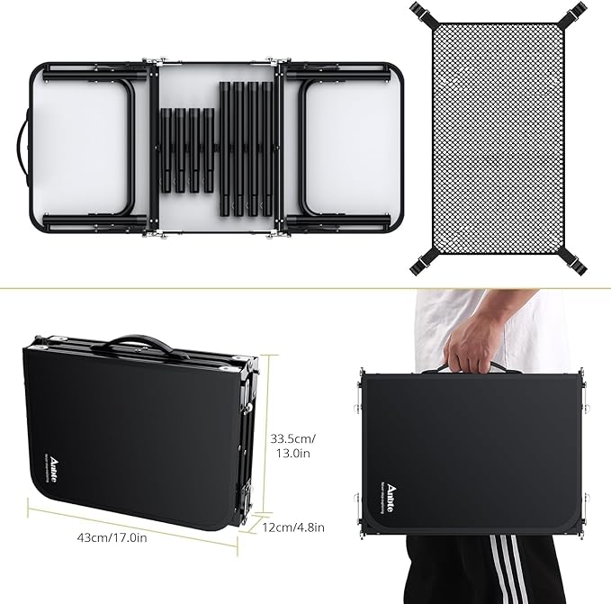 Folding Camping Table with Storage Net, 3ft Camping Table Aluminum Folding Table with 3 Adjustable Height Max 27.5 Inch Picnic Table Portable Table for Outdoor Backyard BBQ, Pure Black
