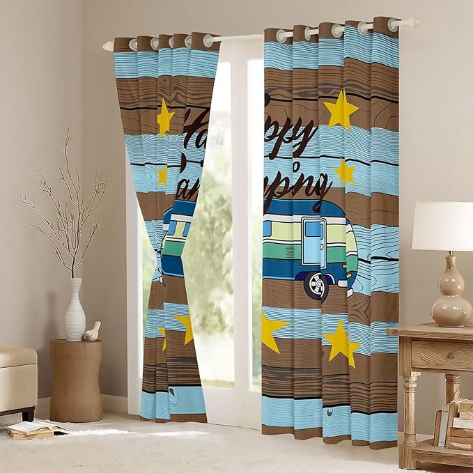 Erosebridal Camper Car Window Drapes Happy Camping Blackout Curtains 42" Wx84 L Retro Wooden Board Stars Print Curtains for Bedroom Living Room,Summer Camp Rustic Farmhouse Window Treatments 2 Panels