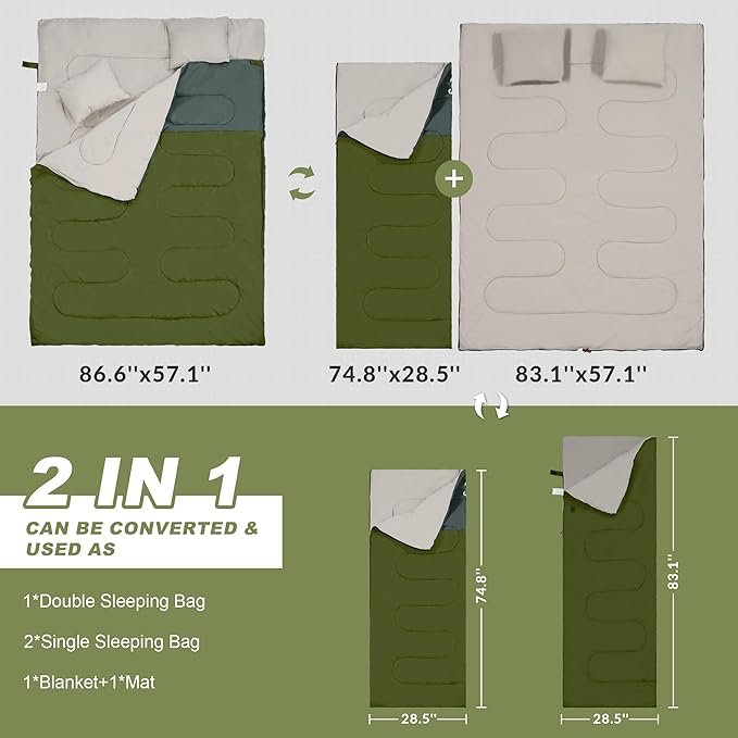 Elevon Double Sleeping Bag 2 Pillows for Adults, Queen Size XL Sleeping Bag Waterproof, Compact with Compression Sack, 2 Person Sleeping Bags Cold Warm Weather- 3 Seasons, Backpacking, Hiking, Travel