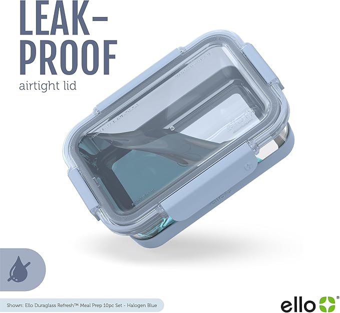 Ello Duraglass 3.4 Cup Meal Prep Sets 10Pc,Set-Glass Food Storage Container with Silicone Boot and Airtight BPA-Free Plastic Lids,Dishwasher,Microwave,and Freezer Safe,Halogen Blue,5 Count (Pack of 2)