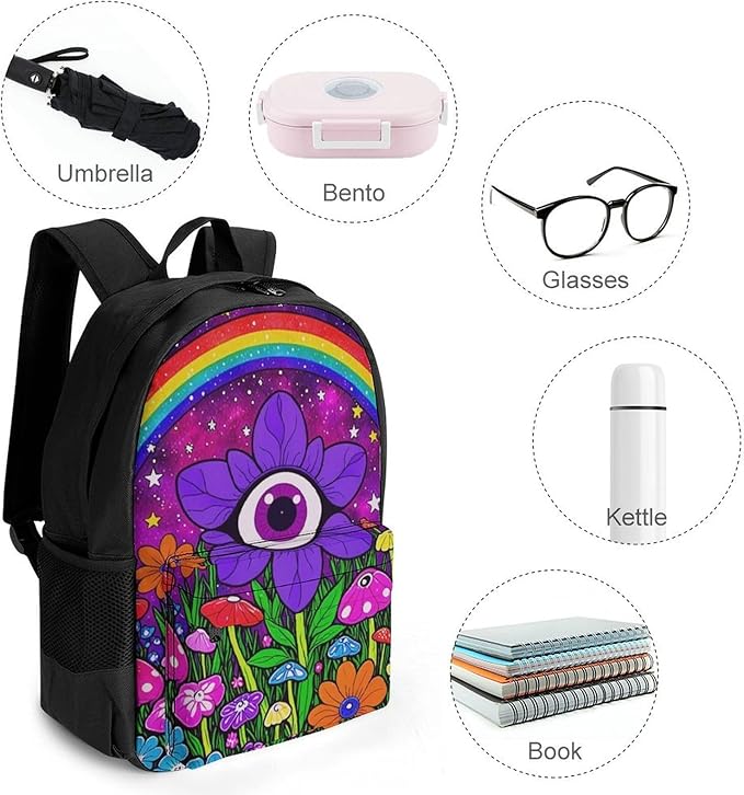 Supdreamc Shoulder Book Bags Anti-Theft Multipurpose Big Capacity Bookbag, Trippy Psychedelic Magic Eye Flower Art Travel Hiking Backpack With Smooth Zippers