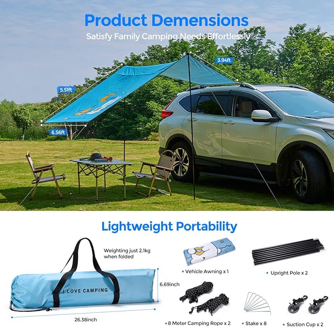 Blueshyhall Waterproof Camper Trailer Tent Roof Top Car Shelter, Awning Anti-Sun and Rainproof for Outdoor Camping Travel Picnic Fishing Beach, Cute White Bear Patten