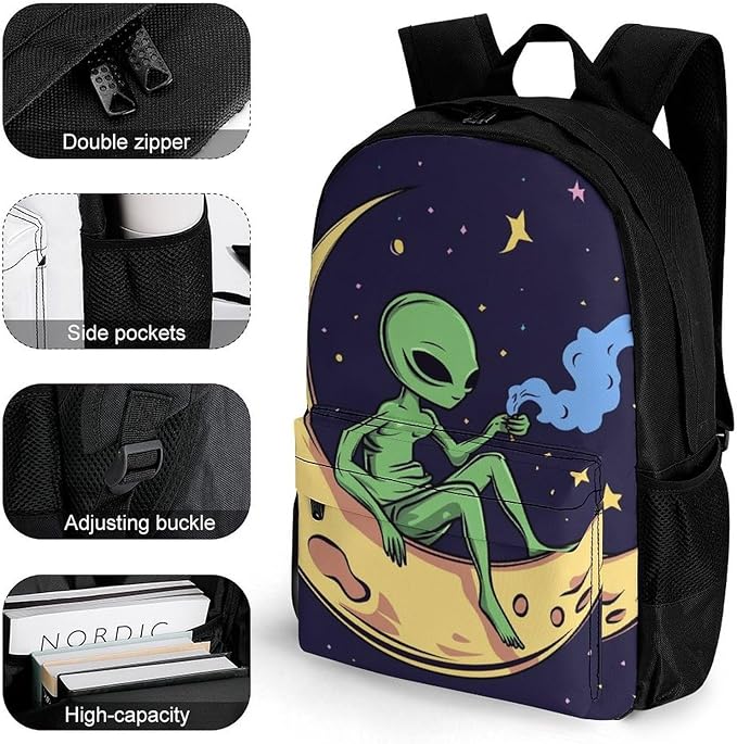 Supdreamc Polyester Daypack Backpack for Sports Travel Running, Big Capacity Anti-Theft Multipurpose Carry On Bag, Funny Alien Moon Sky Laptop Book Bag Rucksack