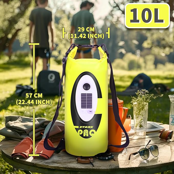 FELICON Solar/Battery Multi-Functional Backpack with Bluetooth Speaker,IP66 Waterproof Dry Bag,Heavy Duty Roll Top Closure,Large Capacity Bag for Camping,Hiking,Traveling (Neon Yellow 10L)