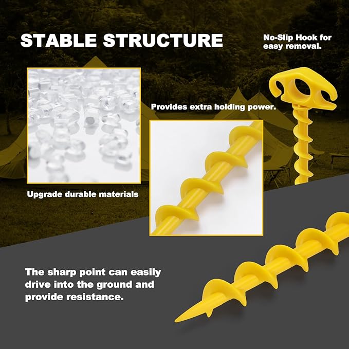Tent Stakes Ground Anchors Screw in, 16 Pack Sand Stakes for Beach 9.4 Inch Heavy Duty Spiral Tent Pegs for Camping, Party, Hiking, Outdoor Decoration (16, Yellow)