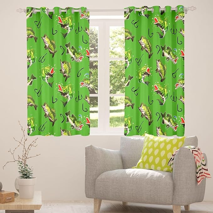 Manfei Fishing Blackout Curtains Green Pike Fish Window Drapes,Fishing and Hunting Theme Window Treatments,Kids Boys Girls Room Decor,Grommet Top 2 Panel Set Bedroom Curtains, 42Wx84L inch