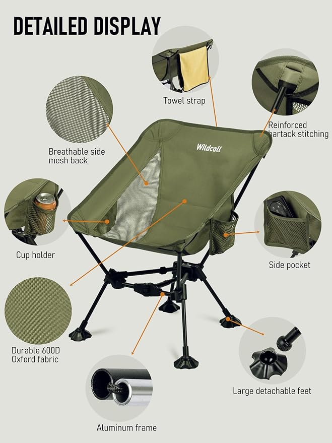 WildCall Lightweight Folding Camping Chair Compact Beach Chair with Anti-Sinking Large Feet