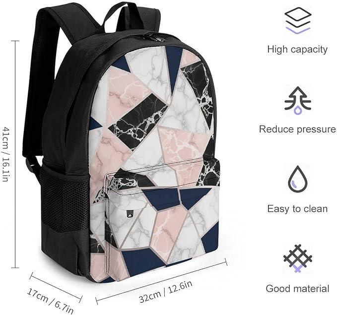 Men Women Lightweight 80S Pink Rose Gold White Blue Geometric Marble Pattern Backpack Large Capacity Bookbag With Smooth Zippers for Gym Business Running