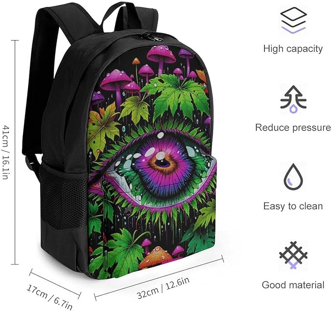 Daypack Backpack Anti-Theft Multipurpose Large Capacity Carry On Bag, Trippy Eye Mushroom Art Traveling Camping Backpack With Side Pockets