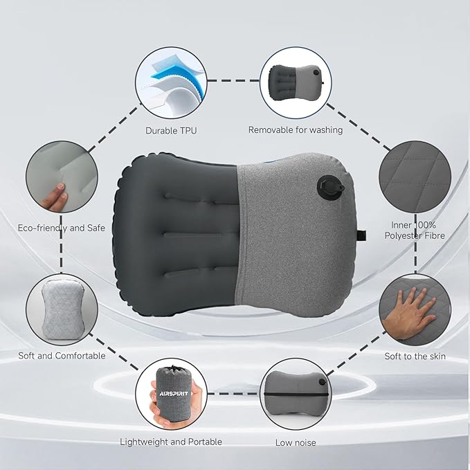 AIRSPIRIT Inflatable Camping Pillow Ultralight Adjustable Firmness, TPU Travel Pillow for Neck & Lumbar Support, Hiking, Backpacking, Airplane, Car Travel & Beach with Removable Washable Cover (Grey)