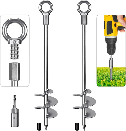 Dolibest 18" Heavy-Duty Ground Anchors Screw in, 3" Wide Spiral Earth Anchors for Swing Set, Wind Resistant Mobile Home, Trampoline, Sheds - Fully Welded Ground Anchors-Set of 2