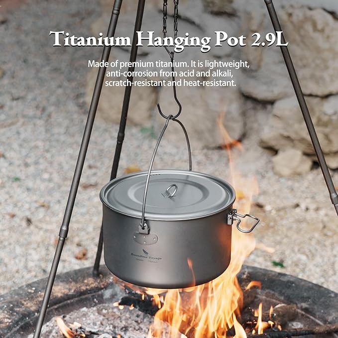 Boundless Voyage Titanium Hanging Pot for Outdoor Camping Backpacking Hiking Ultralight Portable Cooking Pot Camp Kitchen Cookware 1300ML/1950ML/2900ML