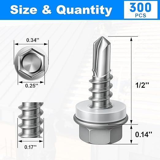 300Pcs Self Tapping Screws, Sheet Metal Screws #8x1/2, Self Drilling Screws for Metal with Hex Washer Head