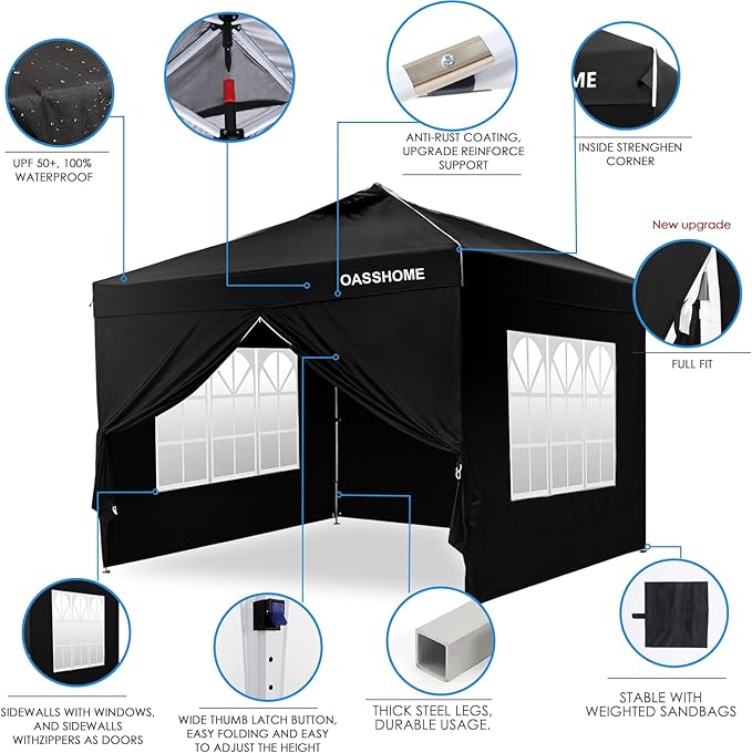OASISHOME One Push Setup Pop-up Gazebo Portable Canopy Tent 10'x10', with 4 Sidewalls,Wheeled Bag,Waterproof, UV Protection, Heavy-Duty Steel Frame for Patio/Outdoor/Wedding Parties and Events (Black)