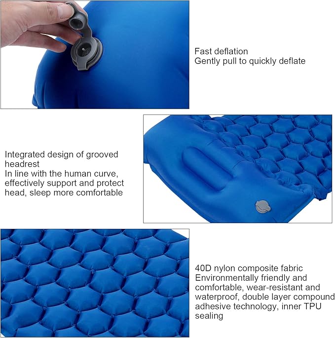 Inflatable Camping Sleeping Pad Mat, Ultra Lightweight Air Cushion Mattress for Tent Hiking Travel, 2 Way Valve Design with 40D Nylon Fabric and TPU Laminate, Compact Foldable (Blue)