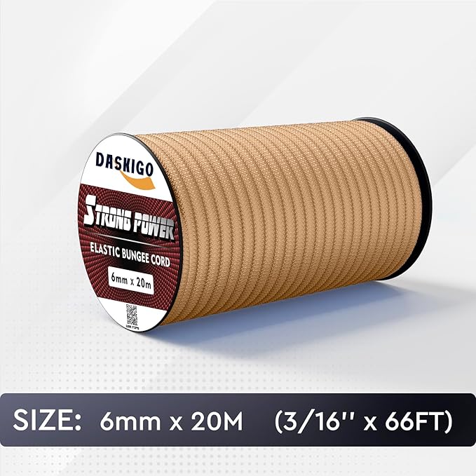 Elastic Bungee Shock Cord 3-8mm (Khaki, 3/16'' x 66FT)