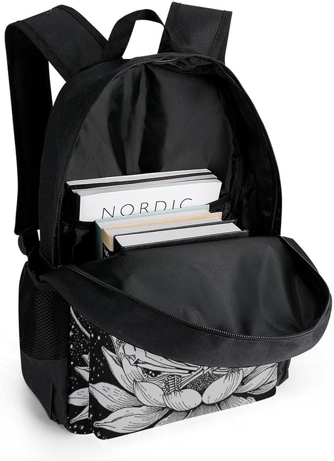 Women Men Polyester Seven Star Meditation Skeleton Skull Black Casual Daypack Large Capacity Bookbag With Side Pockets for Sports Picnic Walking Cycling