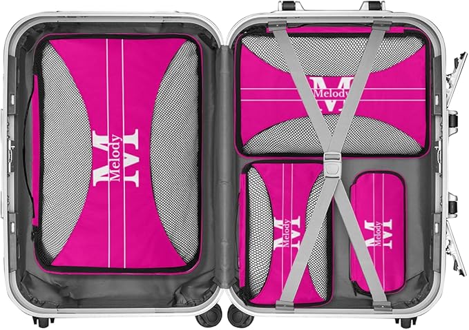 Custom 4 Set Packing Cubes for Travel, Personalized Deep Pink with Initial Letter Mesh Travel Luggage Packing Organizers for Women Men