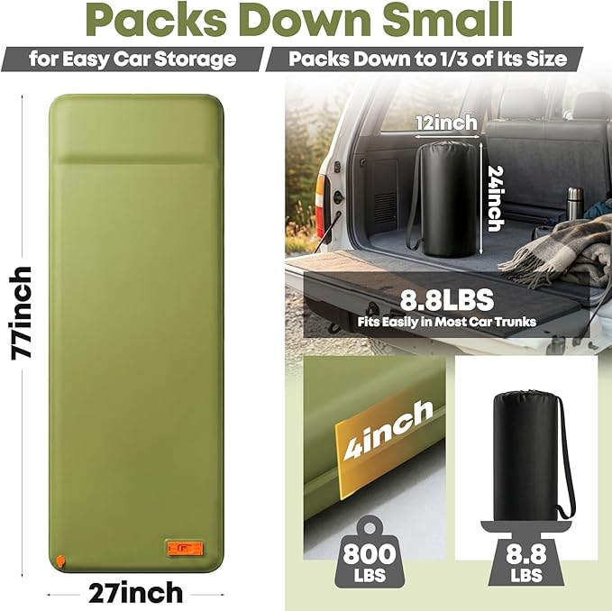 Self Inflating Sleeping Pad with Electric Pump, 4" Ultra-Thick Memory Foam Camping Pad, 4 Season Camping Mattress Pad with Built-in Pillow, Camping Essentials Gear for Tent Travel Car