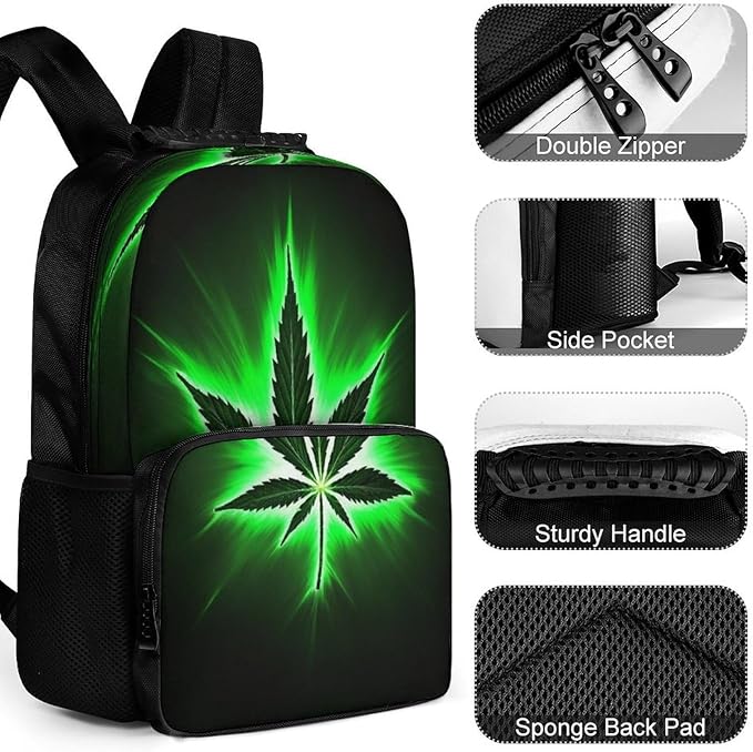 Men Women Lightweight Green Weedleaf Leaf Black Casual Daypack Large Capacity Bookbag With Adjustable Shoulder Straps for Gym Business Bicycle