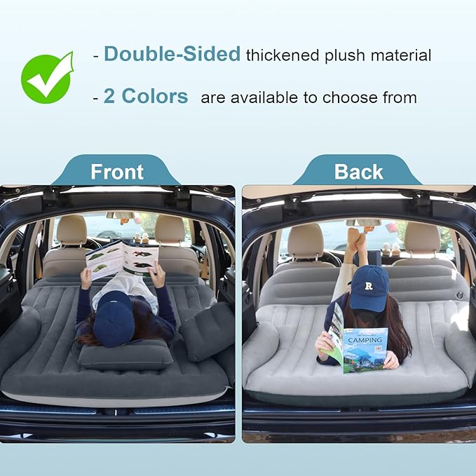 SUV Air Mattress, Double-Sided Thick Flocked Car Air Mattress with Built-in Pump & Pillow, Complete Sleeping Accessories for Auto Camping & Road Trips（Dark Gray）