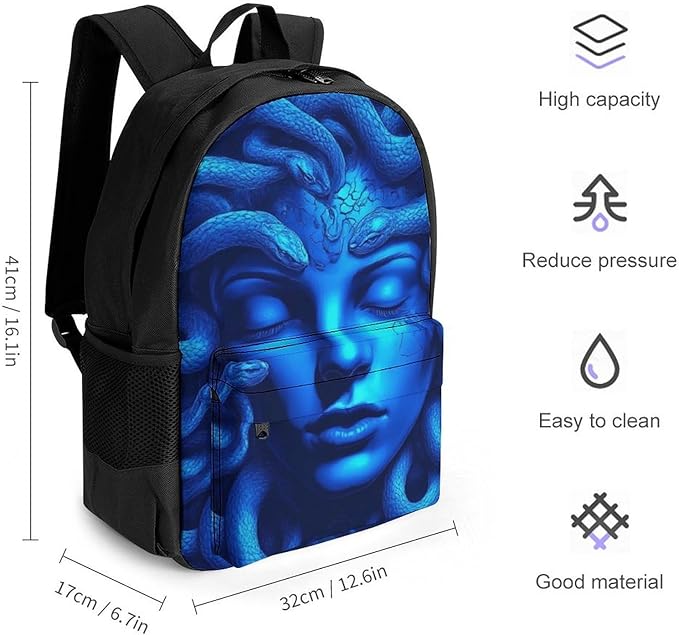 Casual Daypack Multipurpose Anti-Theft Large Capacity Carry On Bag, Greek Goddess Snake Queen Medusa Art Blue Casual Daypack Climbing Shoulder Bag With Padded Straps
