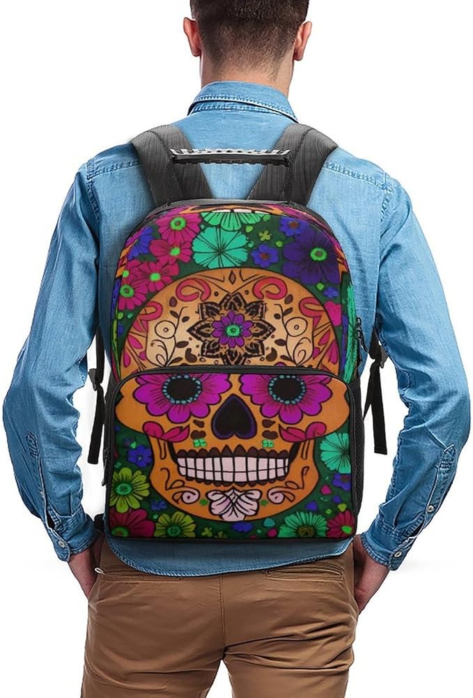 Daypack Backpack Polyester Multipurpose Anti-Theft Grunge Mexican Sugar Skulls Day Of The Dead Flowers Art Shoulder Bag Big Capacity Gym Outdoor Hiking Backpack With Smooth Zippers