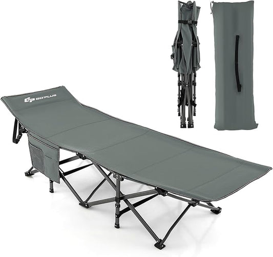 Goplus Folding Camping Cot, 27.5" Sleeping Cot for Adults with Carry Bag, 600LBS Weight Capacity, Slanted Head, Side Pocket, Heavy Duty Portable Camping Bed for Kids, Beach, Office Snap (Gray)