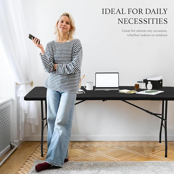 AJP Distributors 6 Foot Portable Plastic Folding Table 6FT 72" Half Foldable Heavy Duty Top w/Carry Handle - Indoor Outdoor Camping Picnic Party Wedding Dining Office Event Meeting Black Wood Style