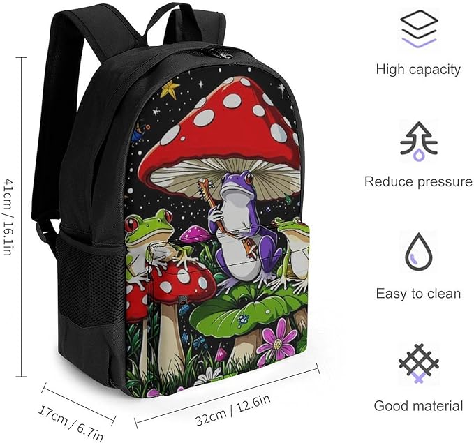 Polyester Daypack Backpack for Trekking Picnic Walking Cycling, Large Capacity Anti-Theft Multipurpose Shoulder Bag, Psychedelic Mushroom Trippy Magic Frog Art Casual Daypack