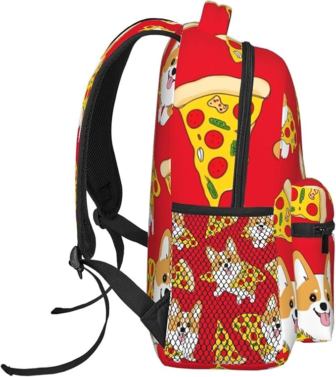 Men Women Polyester Corgi Junk Food Cute Dogs Pizzas Backpack Large Capacity Bookbag With Smooth Zippers for Climbing Picnic Bicycle