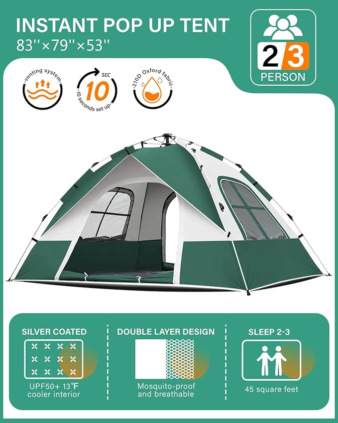 Instant Tent Person - Automatic Pop Up Camping Tent/Silver Coating UV Protection, Waterproof Portable for Backpacking & Camping with Carring Bag(Easy Setup & Fold)