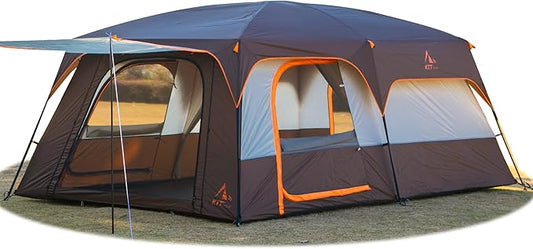 KTT Extra Large Tent 6-10-12-14 Person(Style-B),Family Cabin Tents,2 Rooms,3 Doors and 3 Windows with Mesh,Straight Wall,Waterproof,Double Layer,Big Tent for Outdoor,Picnic,Camping,Family Gathering
