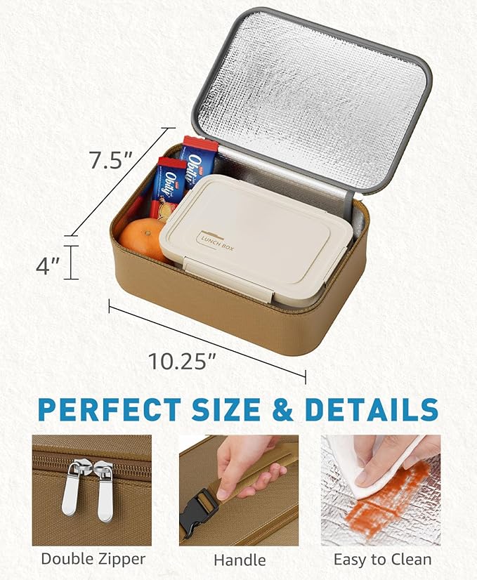 Small Lunch Box Insulated Lunch Bag for Women Men, Bento Kids Lunch Box, Compact Portable Thermal Meal Cooler Bags with Buckle Handle for Work & School, Khaki 5L