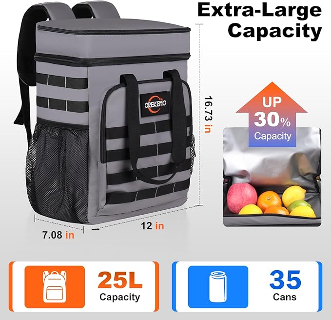 Insulated Cooler Backpack, 35 Can / 25L Large Camping Backpack for Outdoor, Beach, Picnic - Soft Lightweight Leakproof Cooler Backpack for Women and Men (Grey, 25L)
